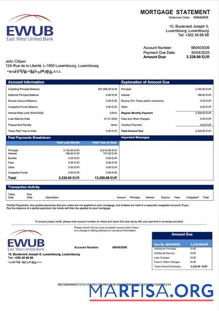 Realistic Luxembourg East West United Bank mortgage statement Word and PDF template